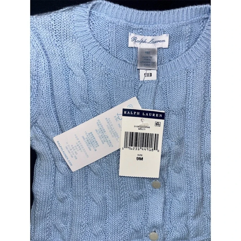 Ralph Lauren Baby Girls Cardigan Sweater Blue Cable Knit Peplum 9M polo pony NWT